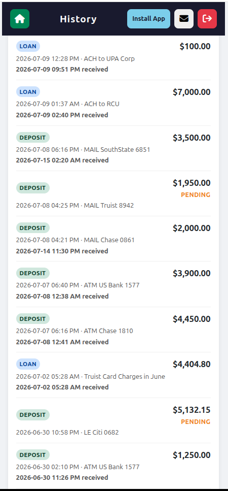 Finance tracker phone app screenshot