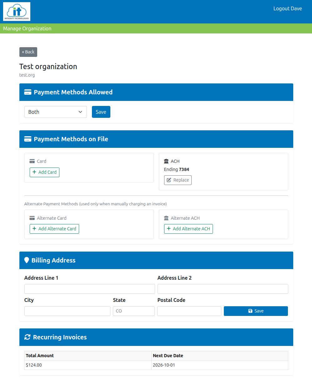 Auto-charge credit card and ACH payment methods screenshot