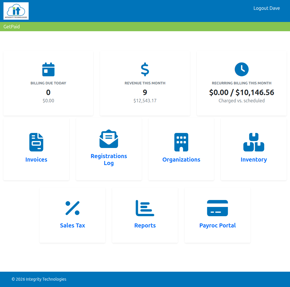 CRM and billing system dashboard screenshot