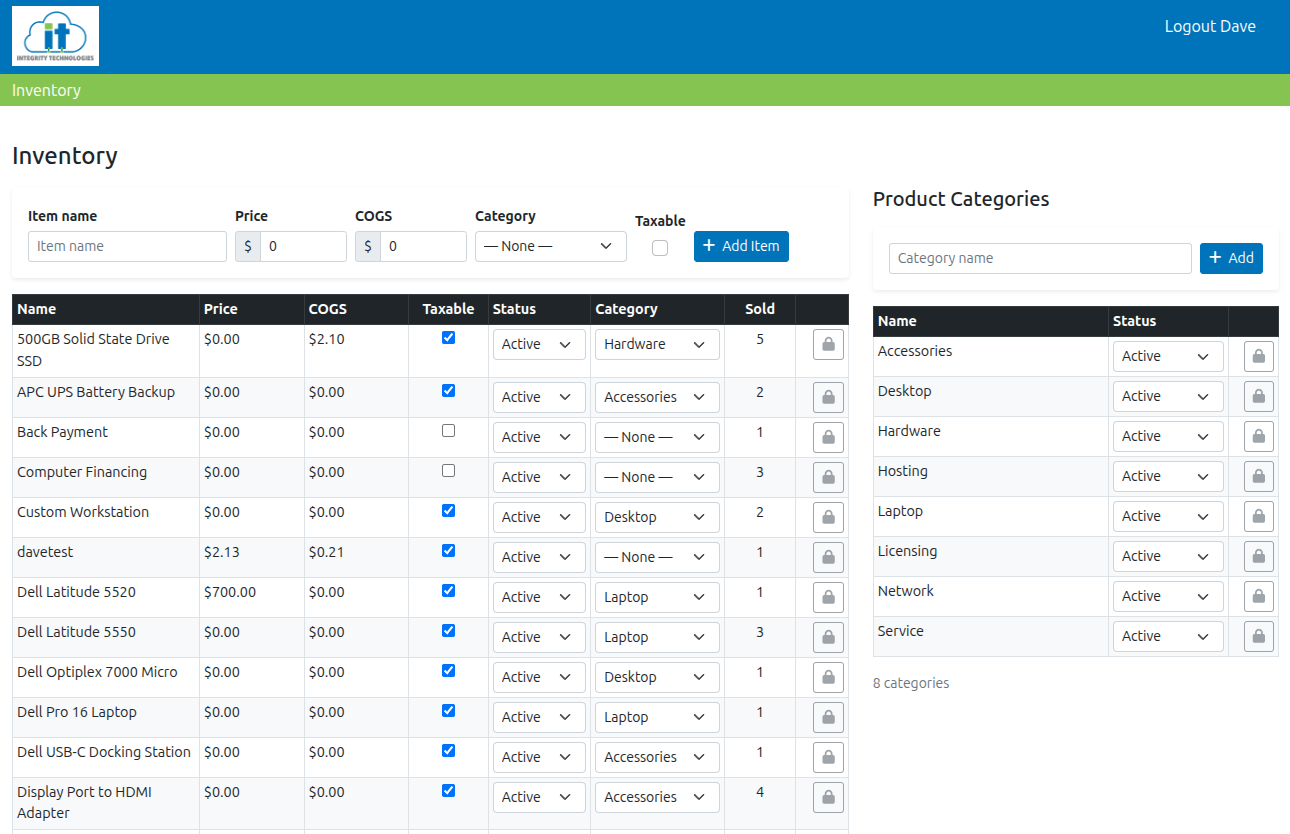 Inventory management screenshot